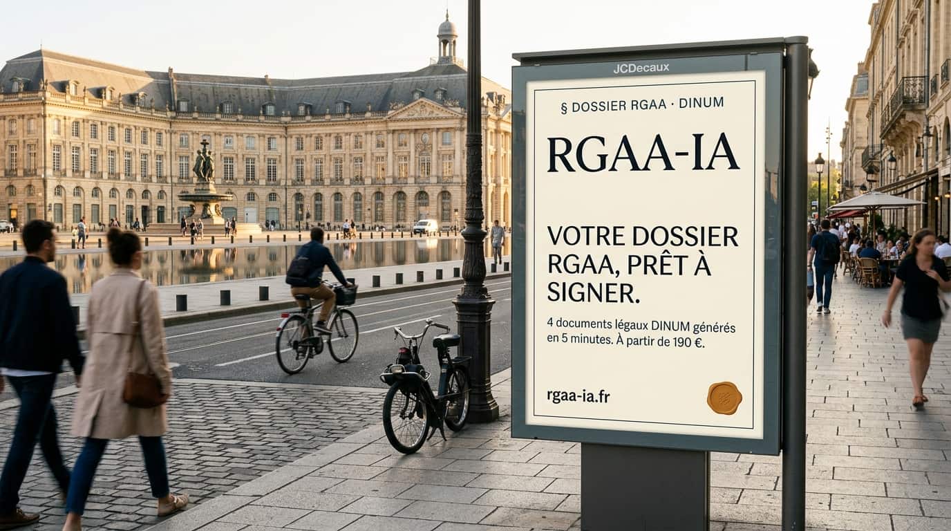 Affichage urbain RGAA-IA dans une rue de Bordeaux, avec la Place de la Bourse et le miroir d'eau en arrière-plan, illustrant l'audit RGAA local.
