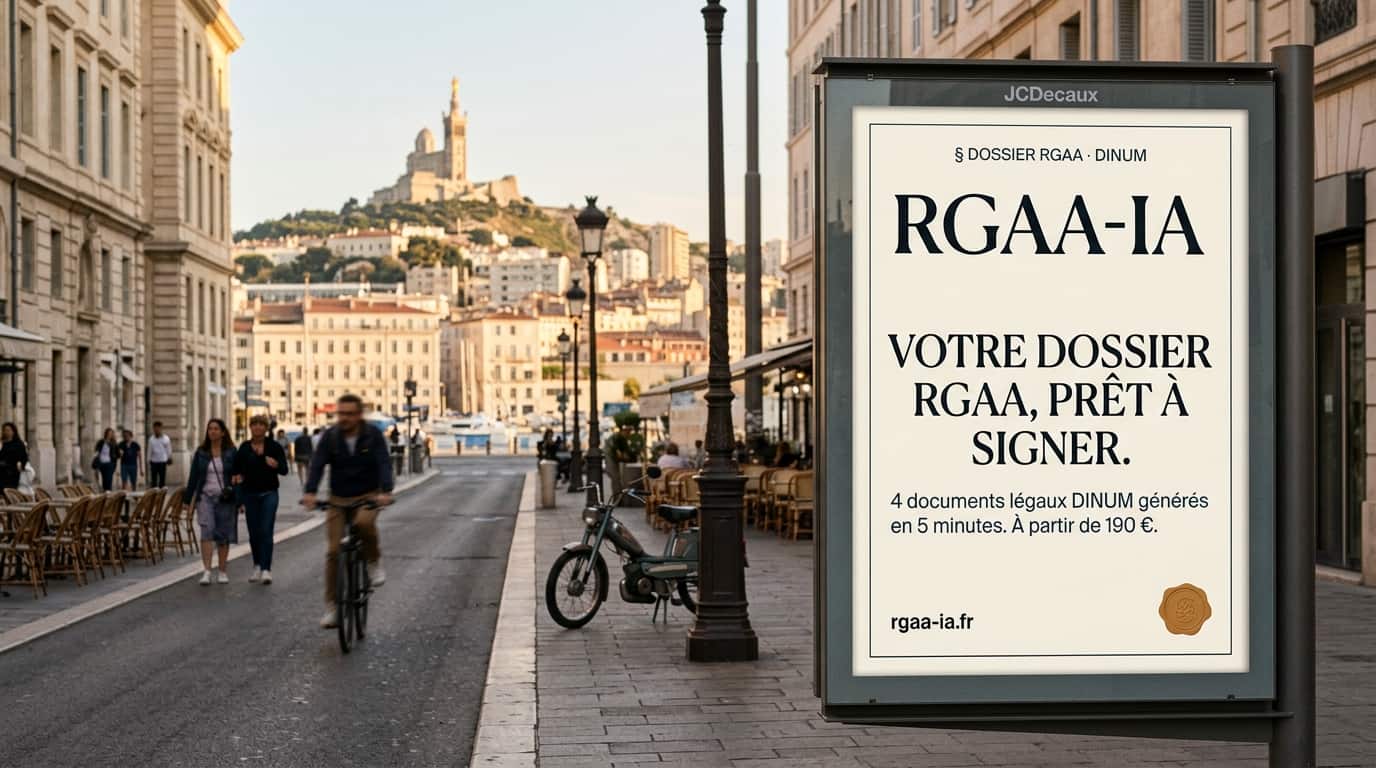 Affichage urbain RGAA-IA dans une rue de Marseille, avec Notre-Dame de la Garde en arrière-plan, illustrant l'audit RGAA local.