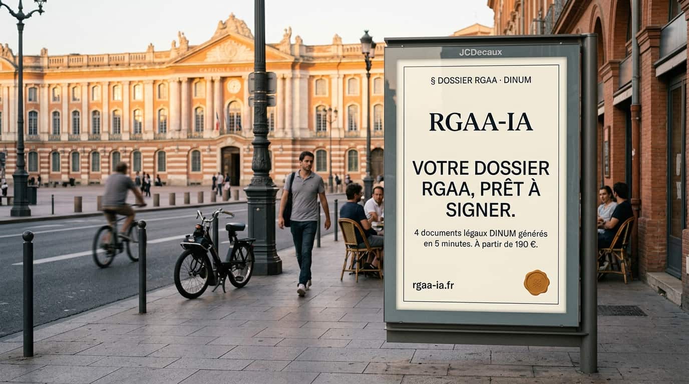 Affichage urbain RGAA-IA dans une rue de Toulouse, avec la façade en brique rose du Capitole en arrière-plan, illustrant l'audit RGAA local.