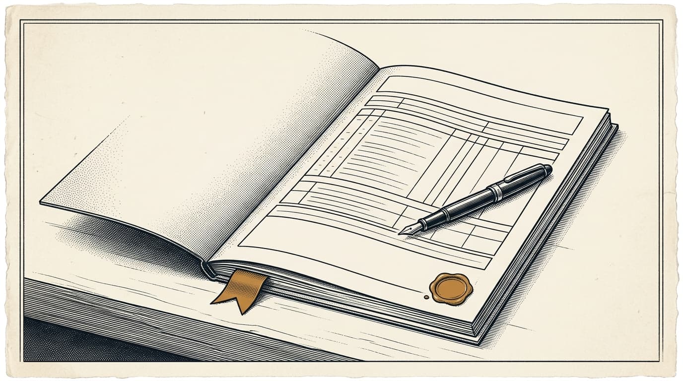 Aperçu d'un dossier ouvert sur un bureau, premier feuillet à filets fins, cachet de cire ocre — illustration gravure ink sur papier crème.