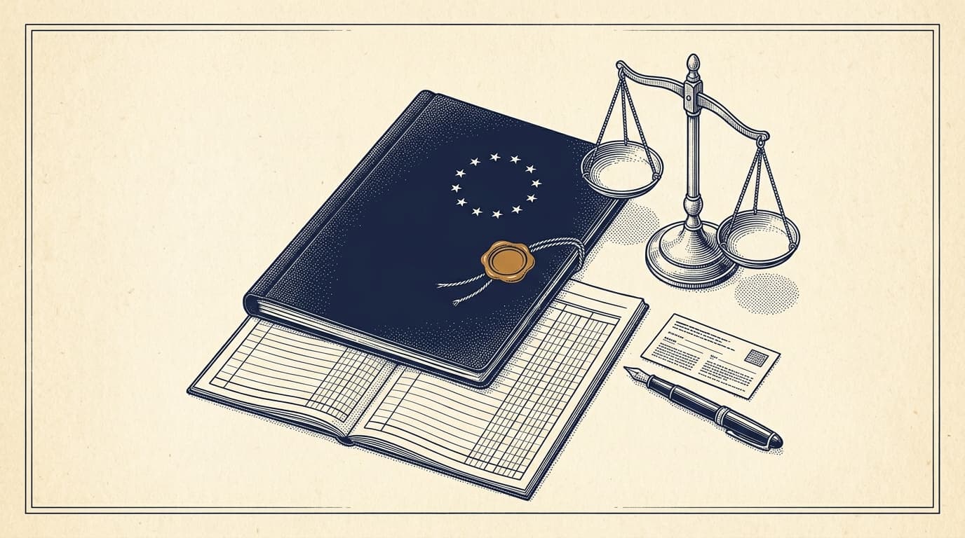 Dossier européen scellé sur les obligations de l'European Accessibility Act, gravure éditoriale ink et crème, étoiles UE en marginalia ocre.