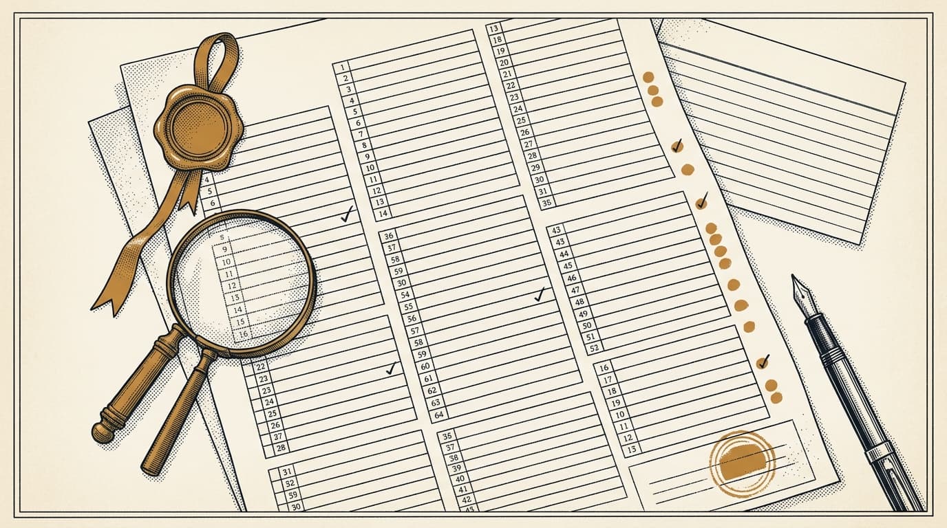 Grille d'audit RGAA 4.1.2 sur papier crème, 106 critères organisés en 13 thématiques, gravure éditoriale.