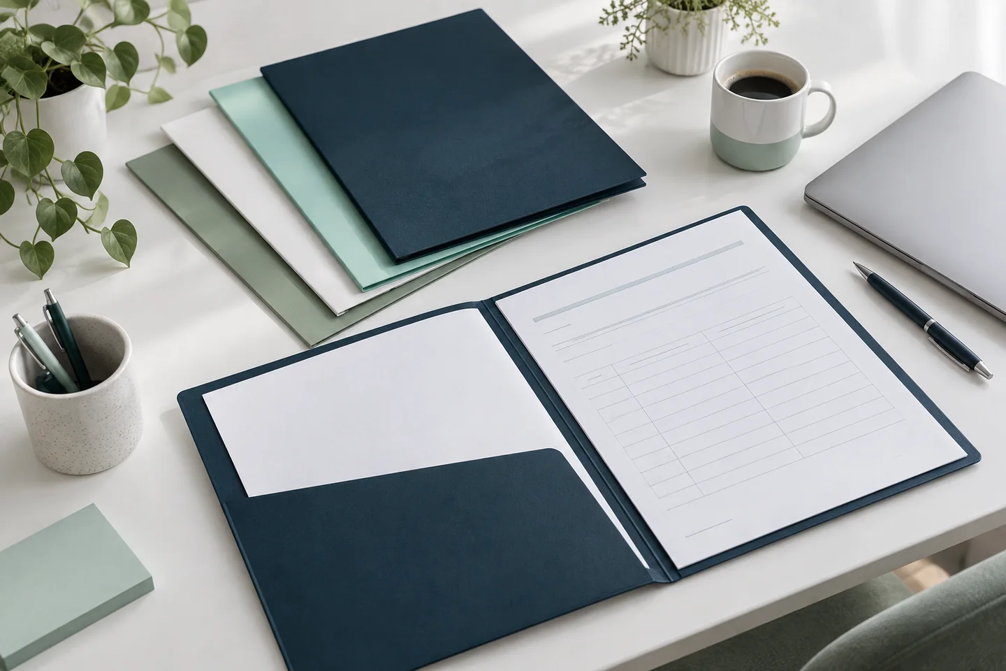 Illustration : dossiers de travail et documents organisés sur un bureau
