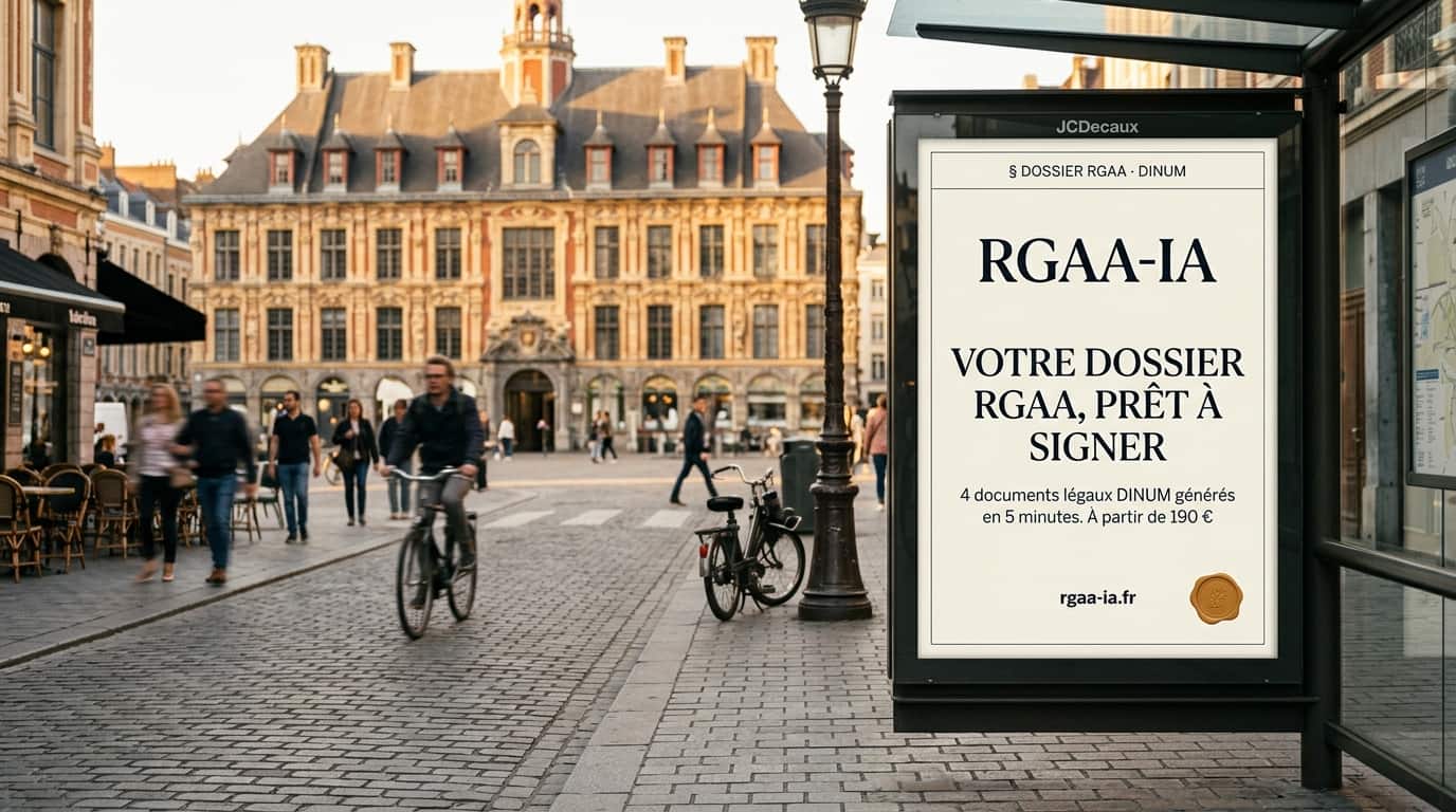 Affichage urbain RGAA-IA sur la Grand-Place de Lille, avec la Vieille Bourse en arrière-plan, illustrant l'audit RGAA local.