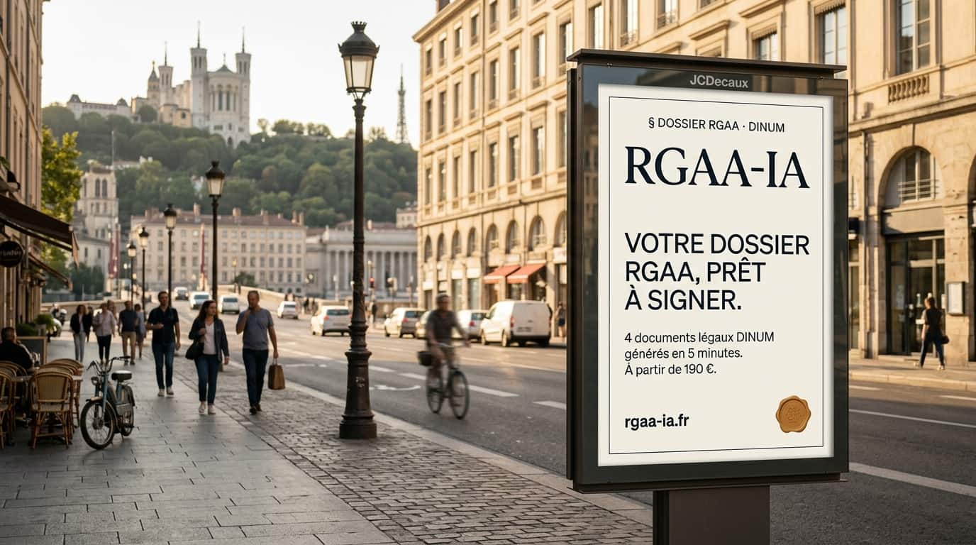 Affichage urbain RGAA-IA dans une rue de Lyon, avec la basilique de Fourvière en arrière-plan, illustrant l'audit RGAA local.