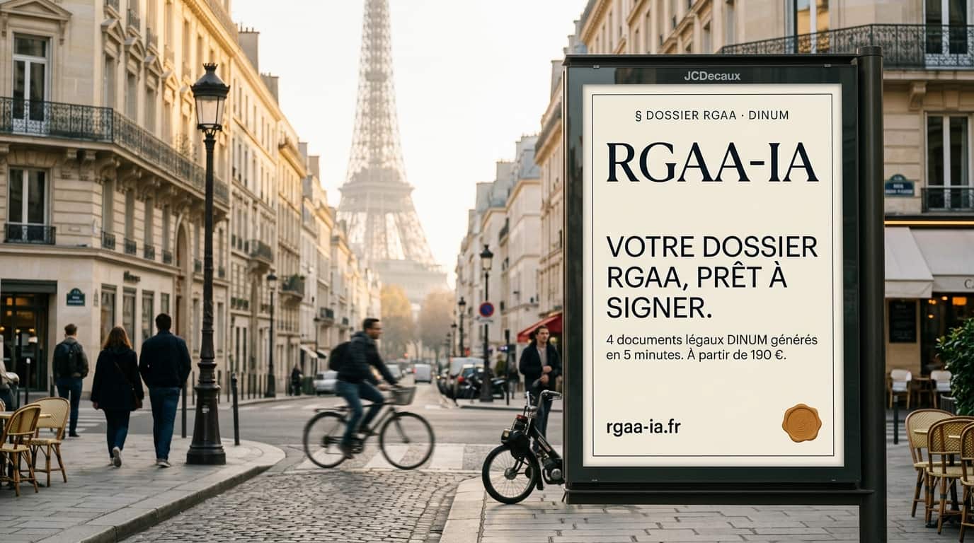 Affichage urbain RGAA-IA dans une rue de Paris, avec la Tour Eiffel en arrière-plan, illustrant l'audit RGAA local.
