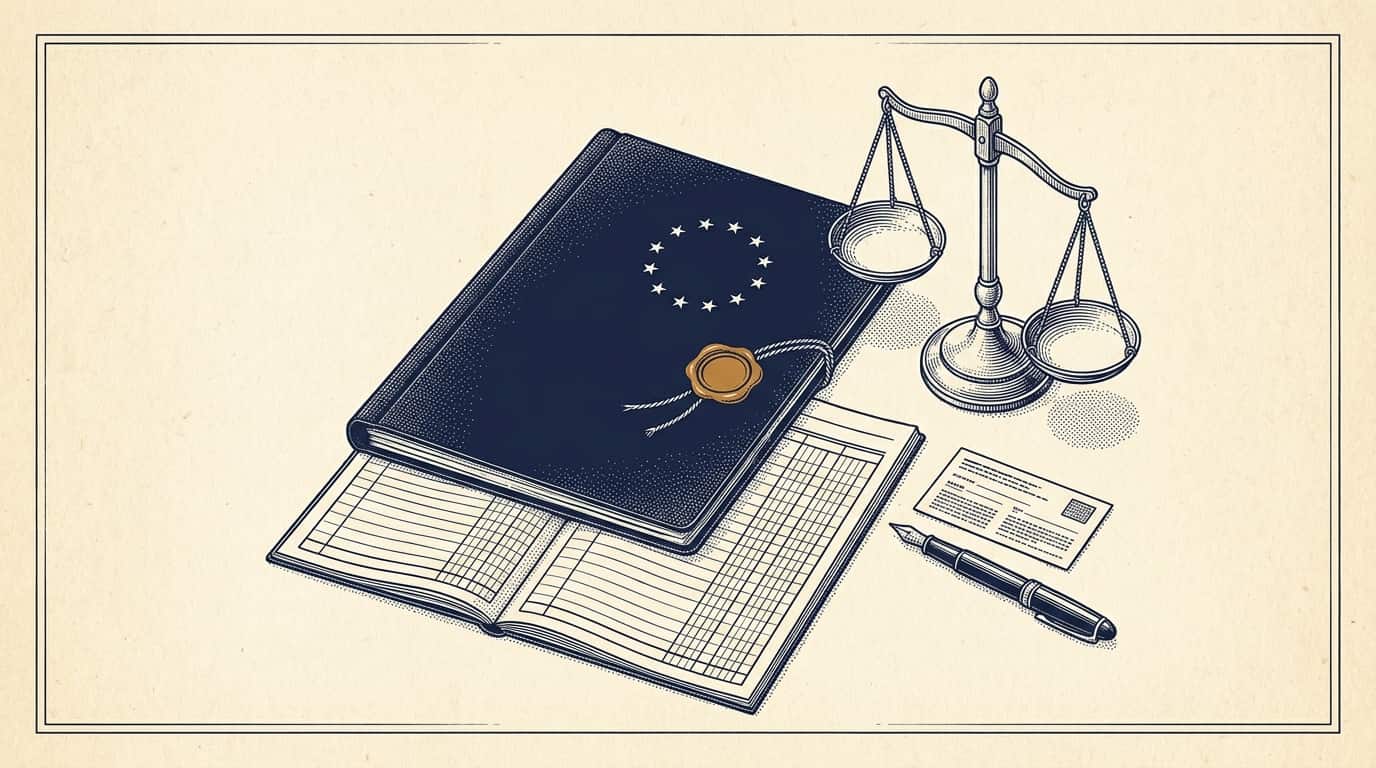 Dossier européen scellé sur les obligations de l'European Accessibility Act, gravure éditoriale ink et crème, étoiles UE en marginalia ocre.