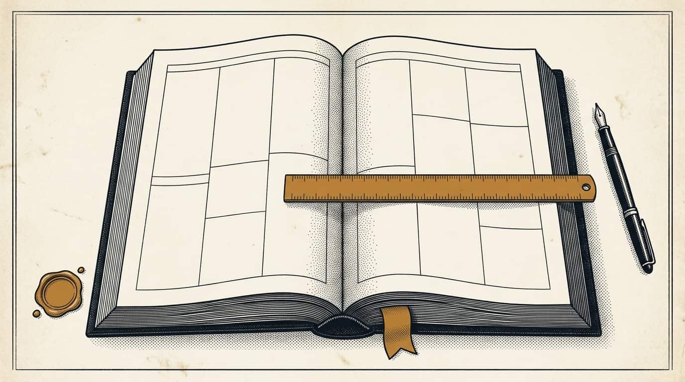 Le référentiel RGAA ouvert sur un bureau, gravure éditoriale ink et crème, organisé en 13 thématiques.